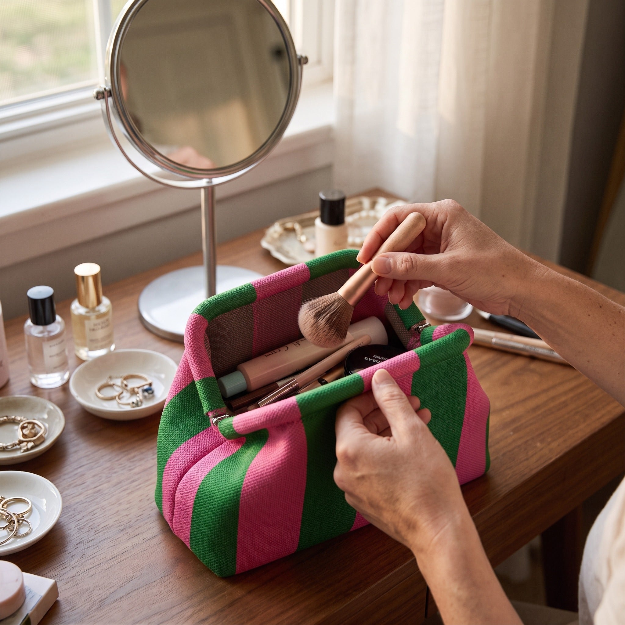 Striped Pop Pouch beside everyday makeup on a dressing table
