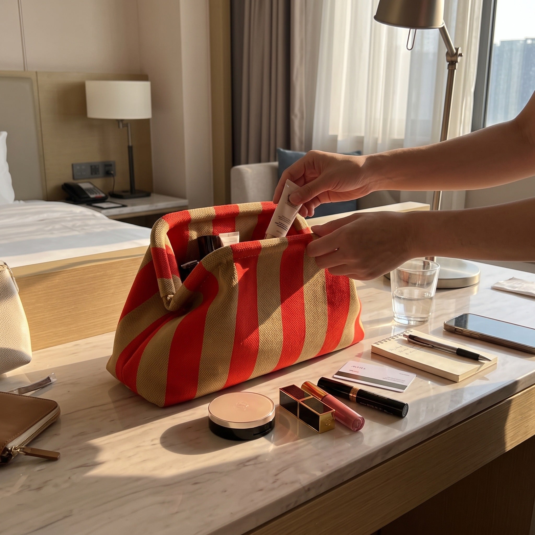 Red and beige Pop Pouch during a hotel makeup routine